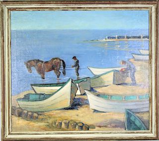 Reilly, O/C Beach Scene with Boats & Horse