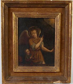 19th C. Oil on Board, Angel and Child