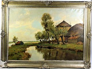 (19th C.) European Oil on Canvas, Farm Scene