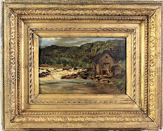 Late 19th C. Oil on Panel, Mill Along the River