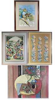 (4) Lithograph, Painting, Watercolor, Mixed Media