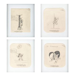 Vargas, Gabriel. Caricaturas de personajes de la Familia Burrón. Firmadas y fechadas 1985. Punta lápiz sobre papel. Pz: 4