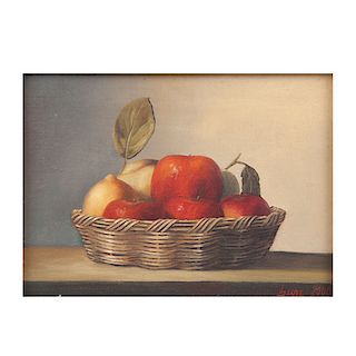 Sanz. Bodegón con manzanas. Firmado y fechado 2000. Óleo sobre tela. Enmarcado. 13 x 18 cm