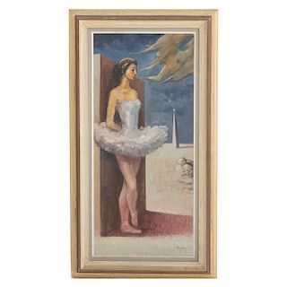 Juan Ruíz Chamizo. "La bailarina y su destino". Firmado y fechado '59. Óleo sobre tabla. Enmarcado. 80 x 35 cm.