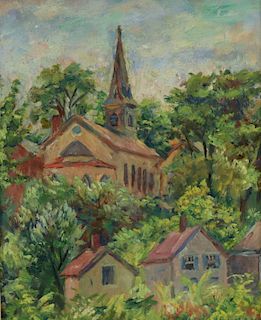 Howland. Signed Oil On Canvas Church In Landscape.