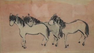 Moura Chabor. Signed Watercolor Horses.