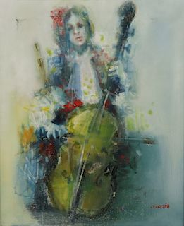 Jordi Bonas Signed Oil On Canvas Girl With Cello.