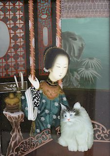 Reverse Painting On Glass Woman With Cat
