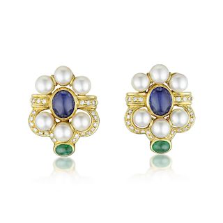 Sapphire Emerald Cultured Pearl and Diamond Earrings
