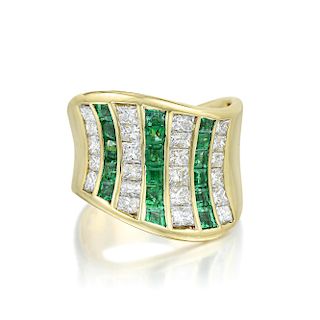Diamond and Emerald Wide Ring, Italian