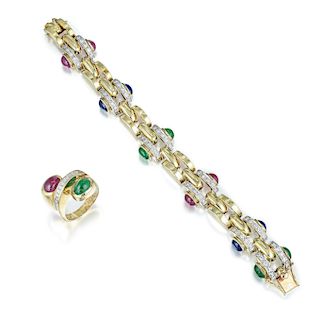Diamond and Multi-Colored Gemstone Ring and Bracelet Set