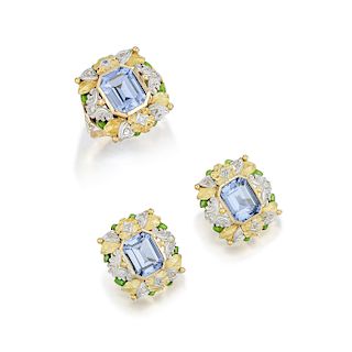 Synthetic Spinel and Diamond Earrings and Ring Set