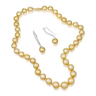Golden Cultured Pearl Necklace and Earrings Set