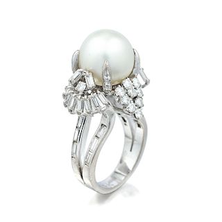 Diamond and South Sea Cultured Pearl Ring