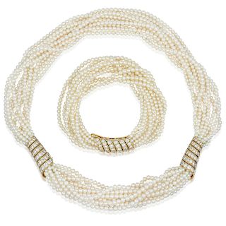 Cartier Fine Cultured Pearl and Diamond Necklace and Bracelet Set
