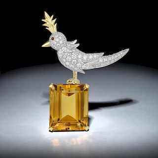 Tiffany & Co. Schlumberger Citrine and Diamond Bird on a Rock Brooch