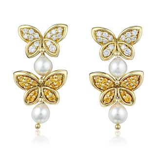 Van Cleef & Arpels Diamond Sapphire and Cultured Pearl Butterfly Drop Earclips