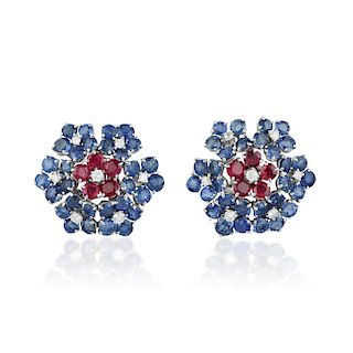 Van Cleef & Arpels Vintage Ruby Sapphire and Diamond Earclips/Pins