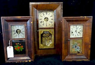 3 OGEE SHELF CLOCKS WITH REVERSE PAINTED TABLETS INC. E.N. WELCH, & F.C. ANDREWS 