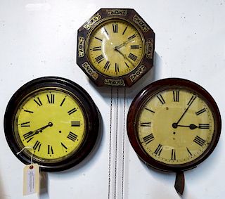3 WOOD WALL CLOCKS (1 WITH MOTHER PEARL & BOULE (?) INLAY 