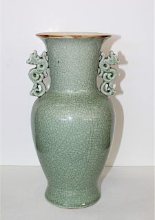 Chinese Crackleware Celadon Vase w Handles