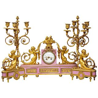 Exquisite French Ormolu and Pink Porcelain Clock Set after Francois Remond