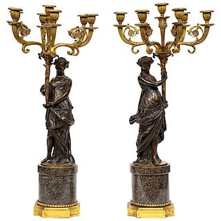 Large Pair of French Gilt and Patinated Bronze Candelabra on Swedish Porphyry