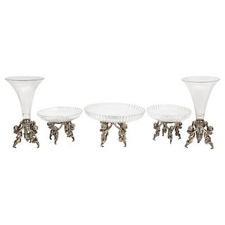 Silvered Bronze and Cut Glass Five-Piece Table Garniture Attributed to Baccarat
