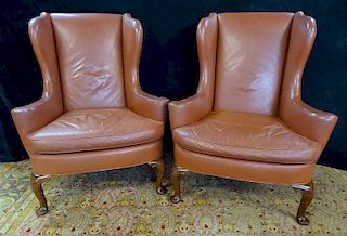 PR. QUEEN ANNE STYLE LEATHER WING CHAIRS