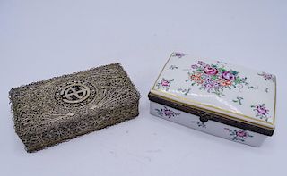 2 BOXES, 1 SILVER FILIGREE & 1 FRENCH PORCELAIN