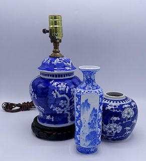 3 BLUE & WHITE ASIAN PORCELAIN ITEMS: LAMP, VASE & BOWL