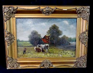 OIL ON CANVAS COWS IN A LANDSCAPE 