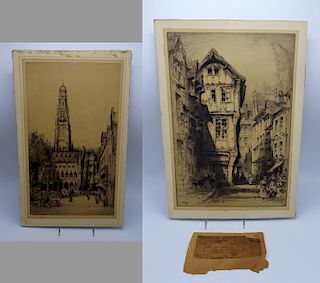 FRENCH (2) SGN. ETCHINGS: STREET SCENE & CATHEDRAL 12.5X11.5"