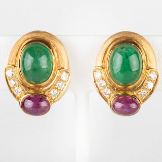 Pair of 18k Gold, Diamond, Cabochon Ruby and Emerald Earclips