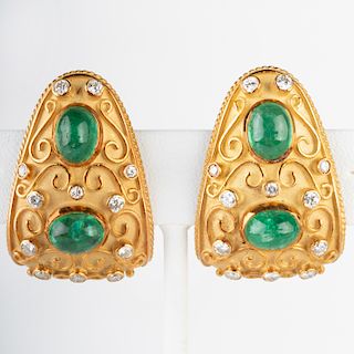 Pair of 18k Gold, Diamond and Cabochon Emerald Earclips