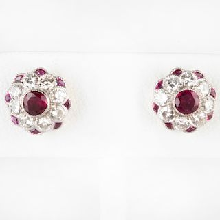Pair of 18k Gold, Ruby and Diamond Studs