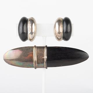 Contemporary Silver and Wood Brooch and Similar Pair of Earclips