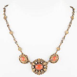 10k Gold, Sterling Silver, Enamel, Pearl and Coral Necklace