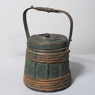 BLUE-GREEN PAINTED WOOD FIRKIN WITH HANDLE AND WITH APPLIED ELEMENTS


