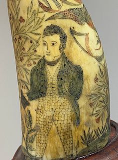 SCRIMSHAW WHALE'S TOOTH "FOR THE LOVE OF HER AND MY COUNTRY", 
American; circa 1835
