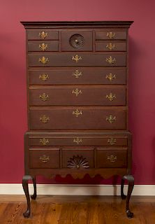 QUEEN ANNE CHERRYWOOD FLAT-TOP FAN AND SHELL-CARVED HIGHBOY , 
Connecticut, circa 1750-1780
