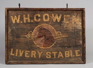 W.H. COWEN PAINTED WOODEN LIVERY STABLE SIGN,  American, late 19th century