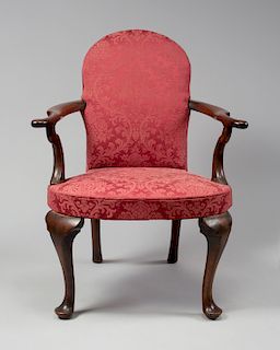 IMPORTANT QUEEN ANNE LOW BACK UPHOLSTERED MAHOGANY OPEN ARMCHAIR
, Probably New York, 1745-1760
