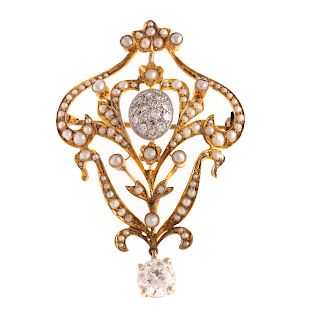 An Art Nouveau 9K Seed Pearl & Diamond Brooch