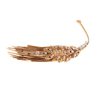 A Textured Diamond Feather Brooch in 14K
