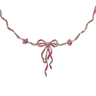 An Art Deco Ruby & Diamond Bow Necklace in 14K