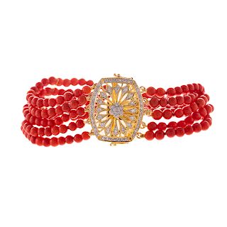 A Five Strand Coral Bracelet with Diamonds in 18k
