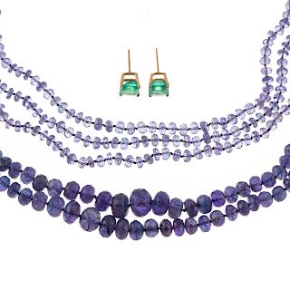 Two Tanzanite Necklaces & Emerald Studs in 14K