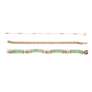 A Trio of 14K Pearl & Jade Link Bracelets