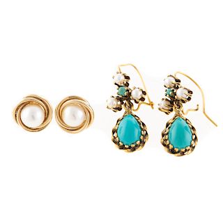 Two Pairs of 14K Turquoise & Pearl Earrings